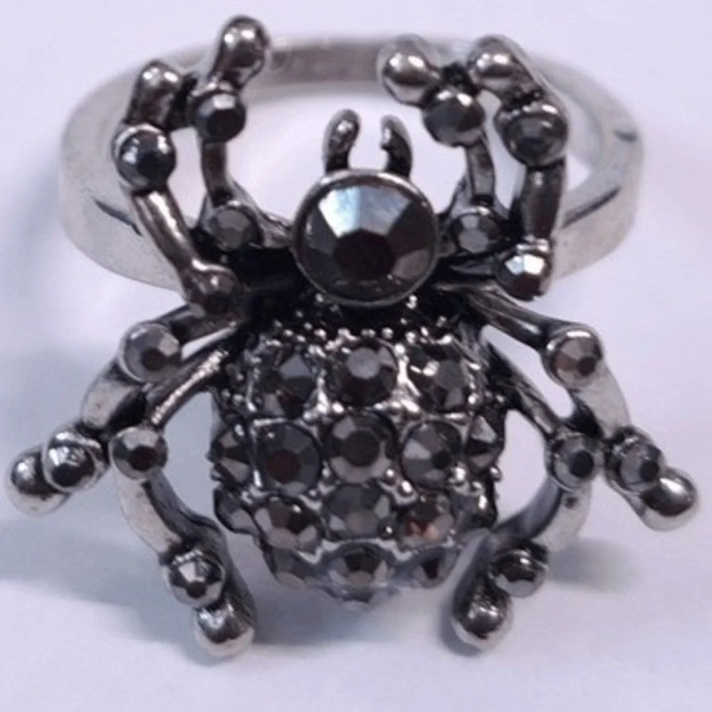 New Spider Ring 7.75 Marcasite Black Rhinestone 3D Silvertone Statement Bug Gift